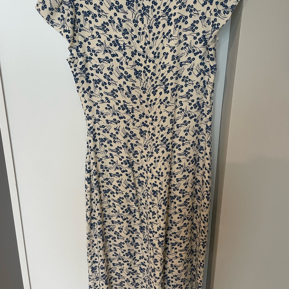 Reformation Blue and White A-line Midi Dress with Flutter Sleeves